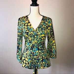 Navy Blue, Yellow, Turquoise Wrap Blouse Size M​